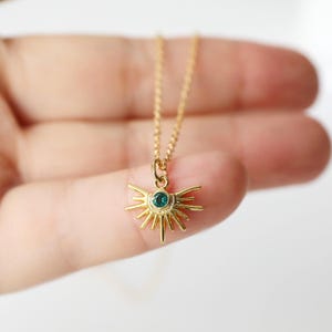 Dainty Gold Sun Necklace: Emerald Green Cubic Zirconia Charm