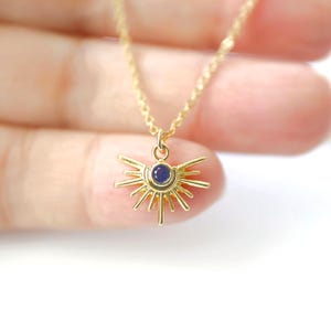 Dainty Gold Sun Necklace: Sapphire Blue Cubic Zirconia Charm