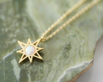 Gold North Star Opal Necklace, Gold Plated Silver Chain