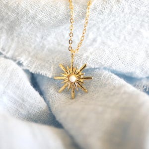 Gold Star Necklace: Dainty Opal Sunburst Pendant