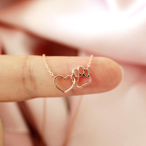 Hund Pfote Halskette, Rose Gold Hundepfote und Herz verbunden Charme-Halskette, Herz- und Hundepfote-Halskette, zierliche Halskette
