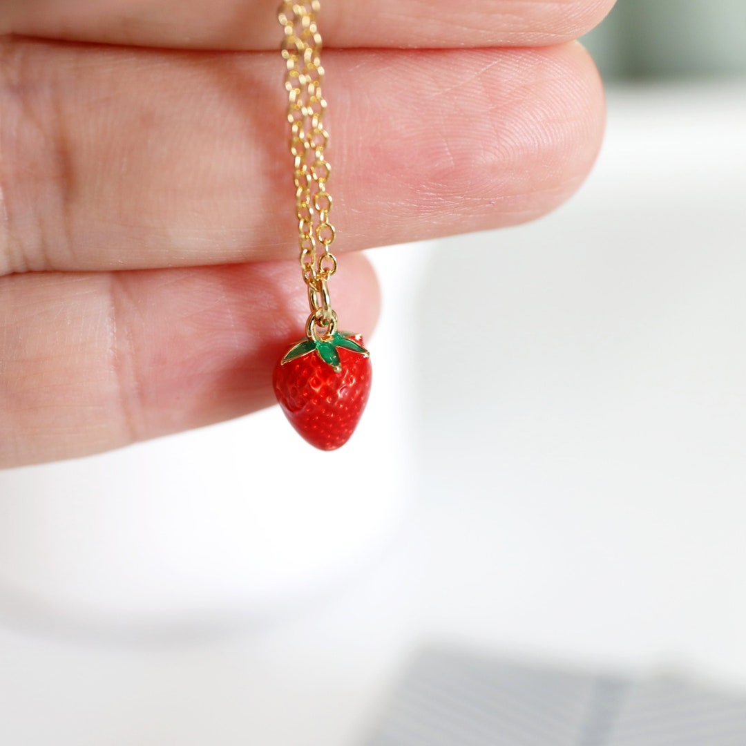 Strawberry Charm Necklace: Gold Plated Enamel Pendant - Etsy