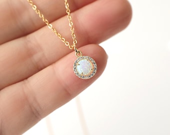 Dainty Opal and Crystal CZ Stone Charm Necklace