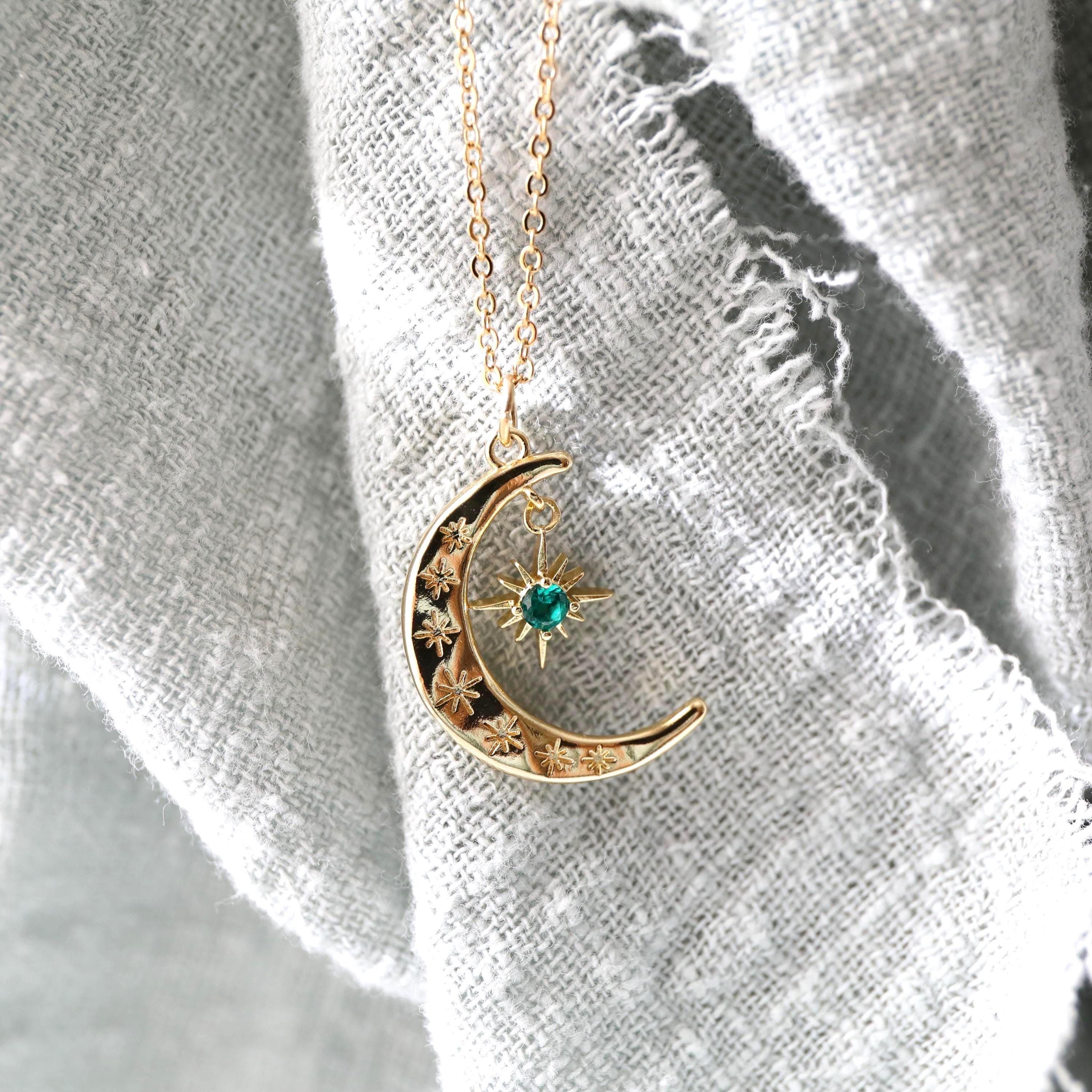 Gold Moon and Emerald Star Necklace: May Birthstone Pendant - Etsy