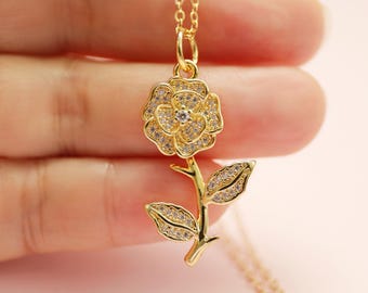 Gold Rose Pendant Necklace: Cubic Zirconia Flower, Layered Chain