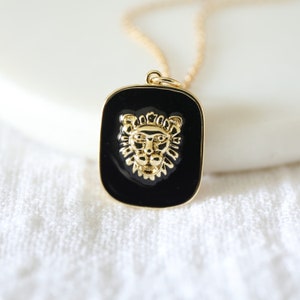 Lion Necklace, Black and Gold Lion Rectangle Pendant Necklace, Dainty Necklace, Birthday Gift, Layering Necklace