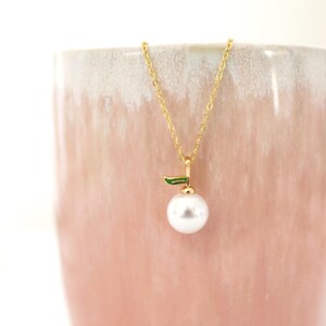 Dainty Pearl Peach Charm Necklace: Fruit Jewelry