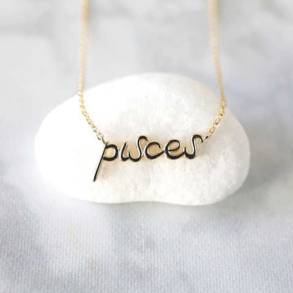 Collier en or avec inscription Poissons : pendentif zodiaque cursif