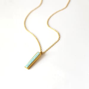 Gold Framed Mint Blue Opal Stone Vertical Bar Necklace, Gemstone Pendant