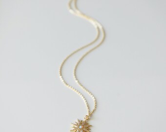 AFFY Sun Frame Starburst Pendant Necklace - 14k Gold Plated Sterling Silver With Orange Opal & CZ