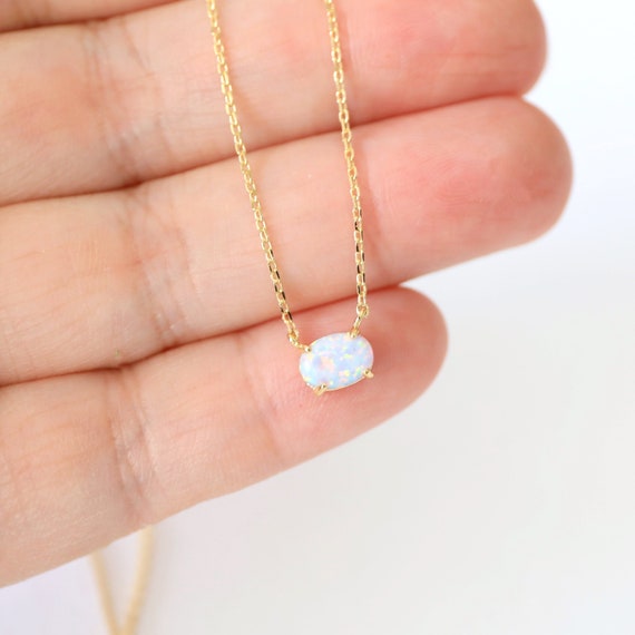 14K White Gold Opal Birthstone Necklace