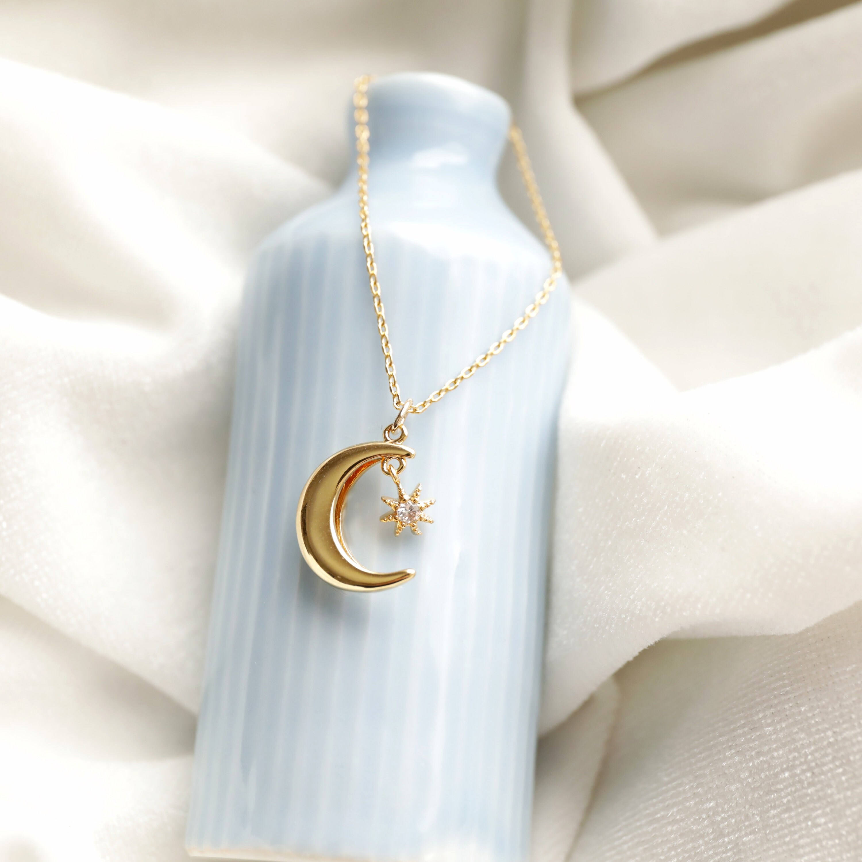 Gold Moon and Star Necklace: Cubic Zirconia Celestial Pendant - Etsy