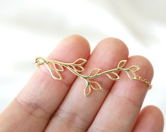 Gold Branch Necklace: Delicate Leaf Pendant, Nature Inspired Jewelry