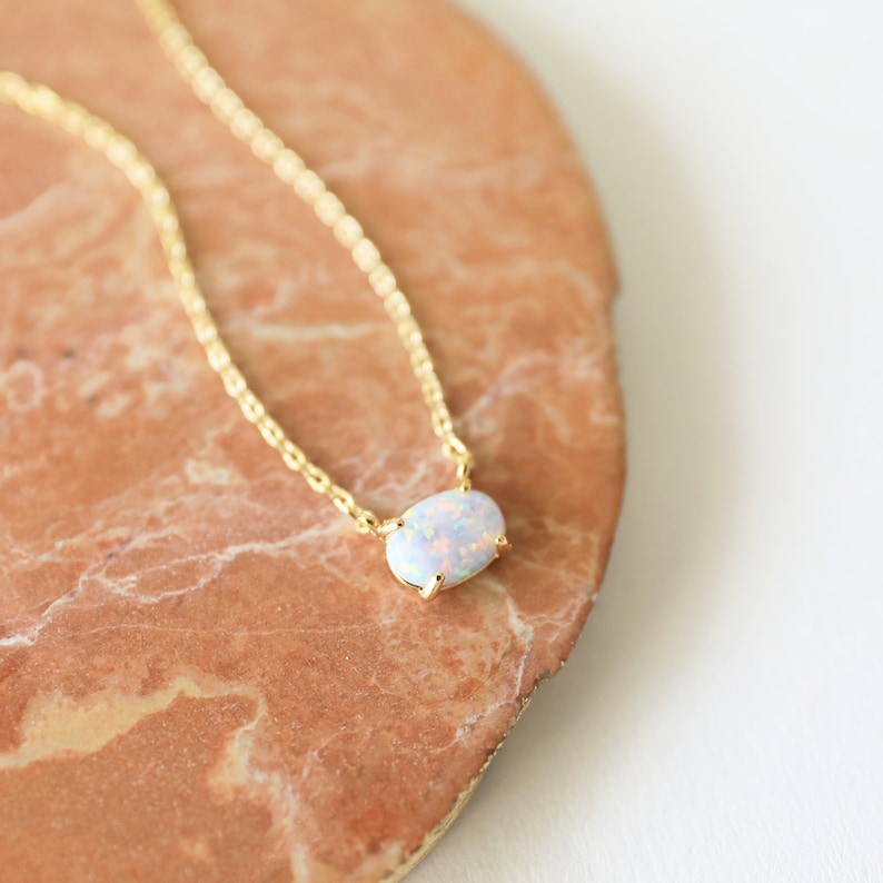 Tiny Opal Stone Gold Necklace, Dainty Opal Stone Necklace,Bridesmaid Gift,Birthday Gift image 2