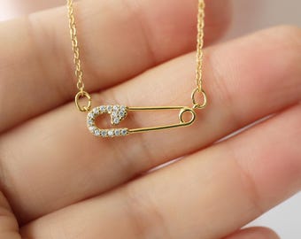 Gold Safety Pin Necklace: Cubic Zirconia Charm, Dainty Jewelry