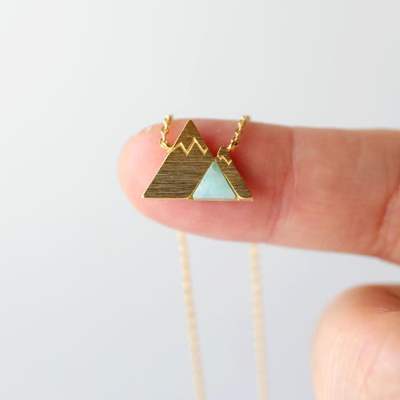 Gold Mountain Necklace: Mint Stone Charm, Dainty Geometric Pendant