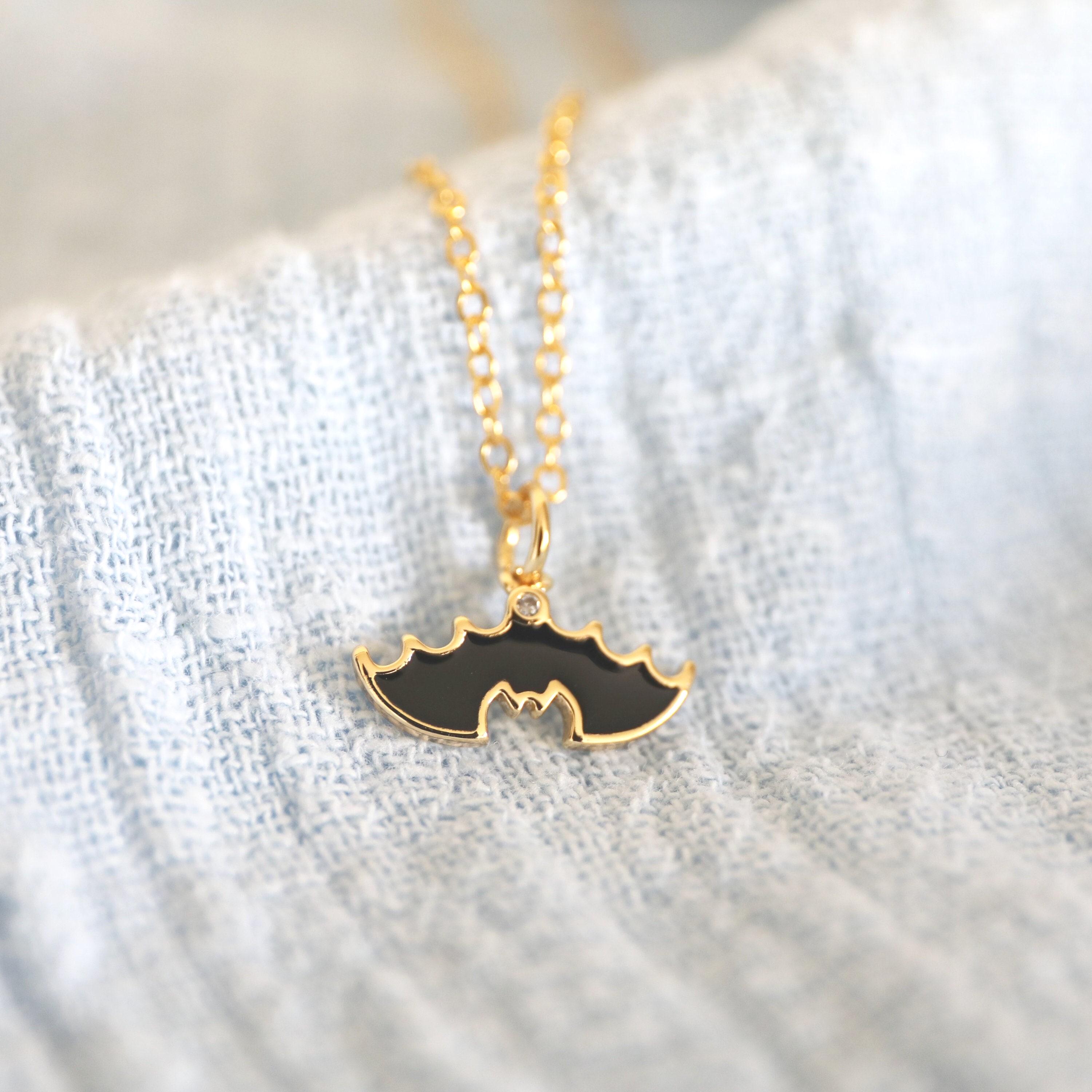 Black Enamel Bat Charm Necklace: Gold Plated Brass, Halloween Jewelry