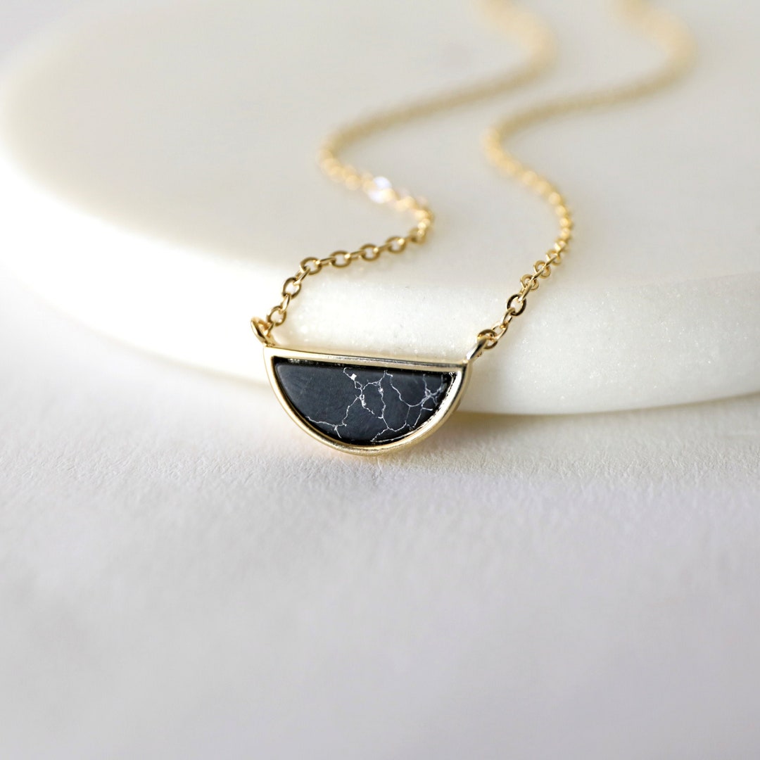 Dainty Gold Framed Black Half Moon Charm Necklace, Black Marble Stone ...