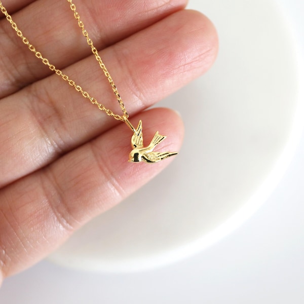 Tiny Gold Sparrow Charm Necklace: Delicate Bird Pendant