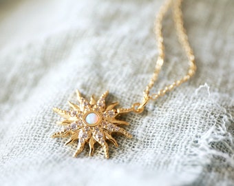 Sun Necklace, Gold Sun with Opal Stone Necklace, Dainty Sunburst Necklace,Bridesmaid Gift,Birthday Gift,Graduation Gift