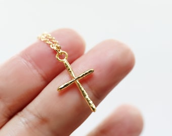 Dainty Gold Hammered Cross Necklace: Gold Plated Brass Charm