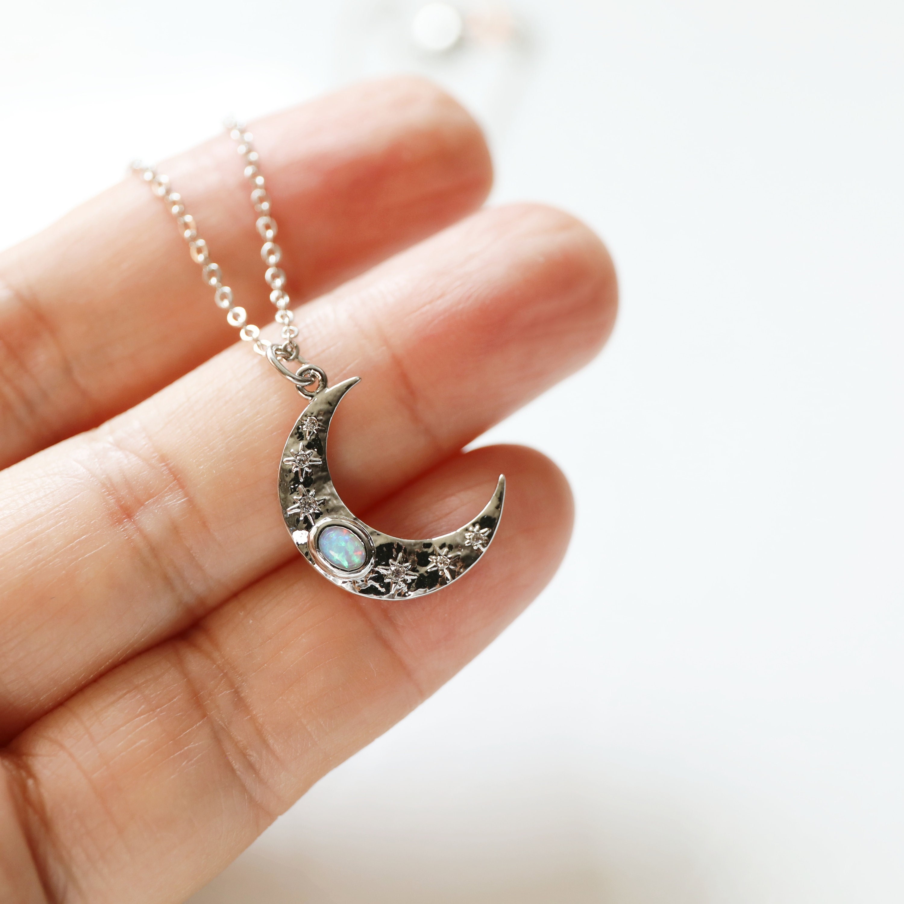 Dainty Moon Necklace, Gold Moon with Opal Stone Pendant Necklace, Silver Moon Necklace, Birthday Gift, Celestial Necklace