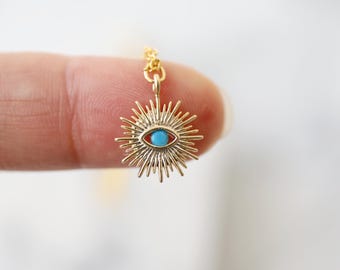 Gold Evil Eye Necklace: Turquoise Stone Charm, Minimalist Dainty Jewelry