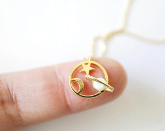 Dainty Opal Saturn Necklace: Gold Celestial Planet Pendant