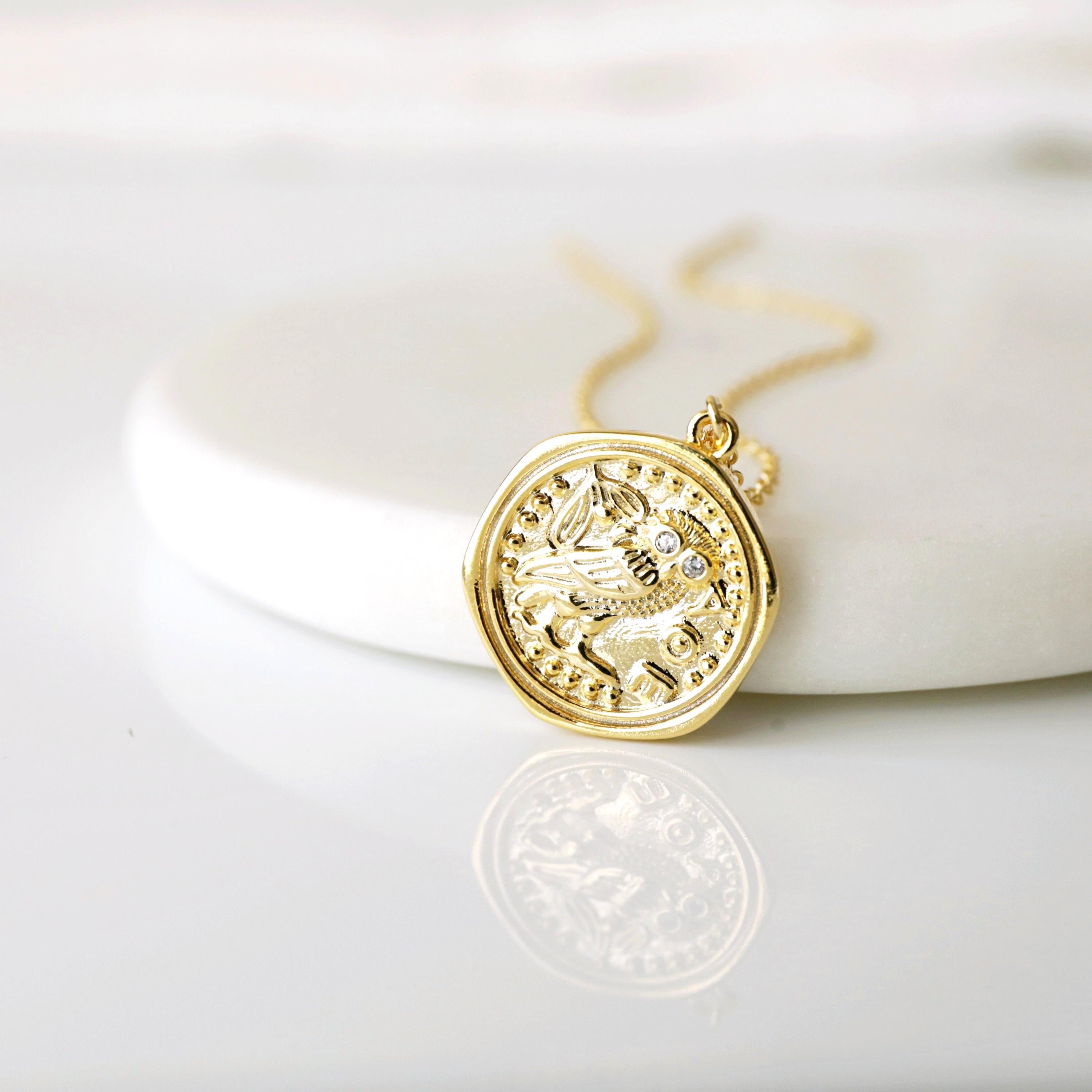 Gold Owl Pendant Necklace: CZ Stone Eyes, Gold Plated Brass