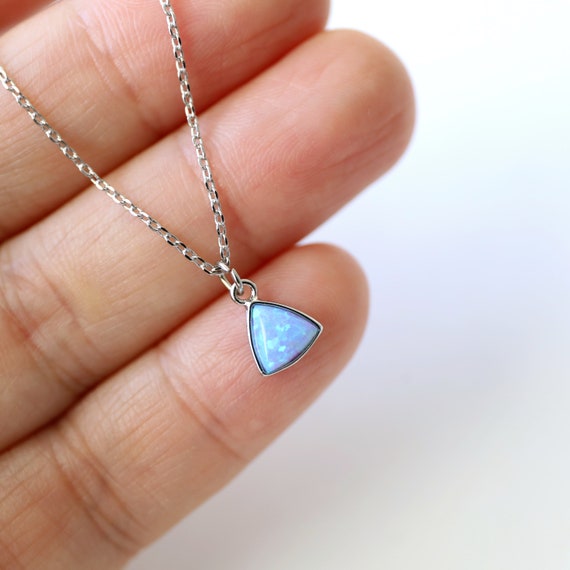 Tiny Triangle Blue Opal Stone Silver Necklace Opal Stone Necklace