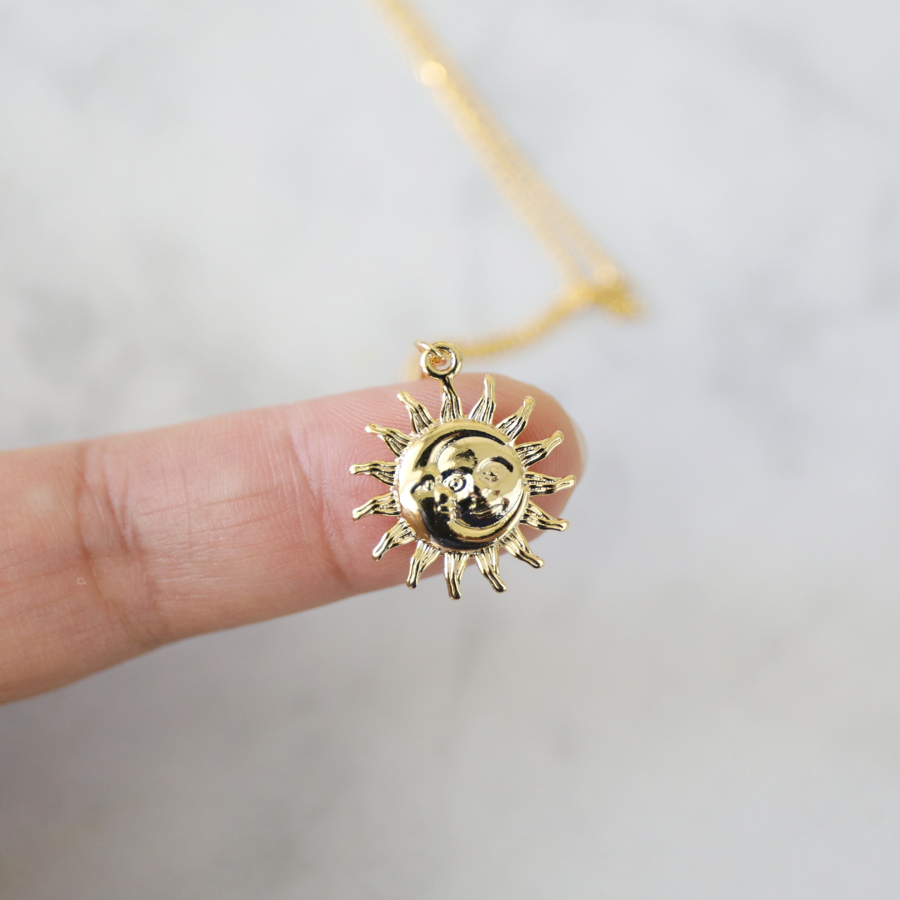 Moon and Sun Face Pendant Necklace Sun 
