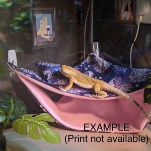 May include: A pink and blue hammock with a celestial print and a bearded dragon lizard resting on it. The hammock is attached to the side of a glass terrarium. The text "EXAMPLE (Print not available)" is printed on the hammock.