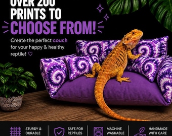 May include: A small purple couch for reptiles featuring a tie-dye pattern on the back and side cushions. An orange bearded dragon sits on the solid purple seat. The image includes text stating OVER 200 PRINTS TO CHOOSE FROM and other details.