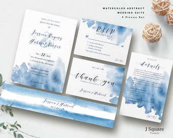 Wedding Invitation Suite Printable- Watercolor Abstract, Wedding Invitation Set, Nautical, Blue, Navy, Sea, Ocean Wedding, J2PWWA