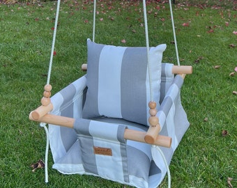 OUTDOOR Wide Gray Stripe Baby Swing|  Toddler Swing | Baby Toys | Baby Fabric Swing | Swingset Swing | Porch Swing