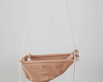 Baby Hammock Swing | 5-Point Harness, Natural Wood Rings, Brown Nursery Decor Nutmeg