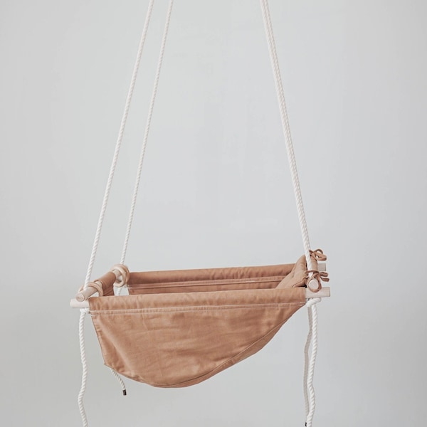 Baby Hammock Swing | 5-Point Harness, Natural Wood Rings, Brown Nursery Decor Nutmeg