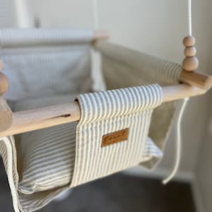 Fabric Baby Swing Greige And White Stripe Nursery Decor Infant Swing Nursery Furniture Baby Shower Gift Minimalist Baby Decor image 4