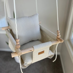 Fabric Baby Swing Greige And White Stripe Nursery Decor Infant Swing Nursery Furniture Baby Shower Gift Minimalist Baby Decor image 6