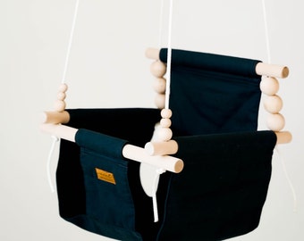 Black Fabric Baby Swing: Montessori Indoor Swing with Safety Belt