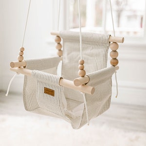 Fabric Baby Swing Greige And White Stripe | Nursery Decor | Infant Swing | Nursery Furniture | Baby Shower Gift | Minimalist Baby Decor