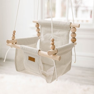 Fabric Baby Swing Greige And White Stripe Nursery Decor Infant Swing Nursery Furniture Baby Shower Gift Minimalist Baby Decor image 1