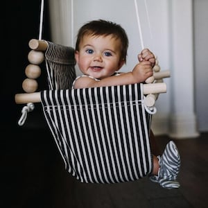 Handmade Baby Swing: Black & White Stripe Fabric, Wooden Toddler Hanging Chair