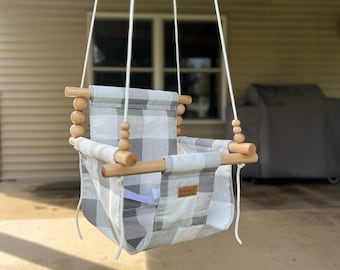 Outdoor Baby Swing: Gray Buffalo Plaid, Maple Wood, UV Resistant
