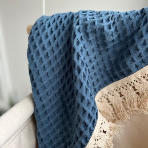 Mini Blanket, Lovey,  blue waffle texture, fringe, baby lovey, baby accessory