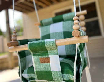 OUTDOOR High Back Green Buffalo Plaid Baby Swing|  Toddler Swing | Baby Toys | Baby Fabric Swing | First Birthday Gift | Baby Christmas Gift