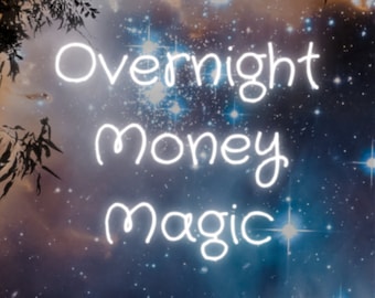 May include: A dark blue and purple starry night sky with a silhouette of a castle in the foreground. The text "Overnight money magic" is written in white across the sky. Below the castle, the text "3 easy magic spells to manifest money overnight" is written in white.