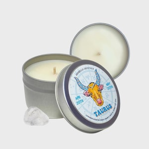 Taurus Zodiac Candle with Crystal & Calming Scent | Earth Sign Birthday Gift | Arabella Crystals | 4oz Tin | Astrology Candle