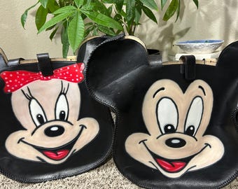 SET OF TWO Handcrafted Leather Tote Bags • Hand Painted Disney Inspired Art • Unique Artisan Purse • One-of-a-Kind Leather Shoulder Bags