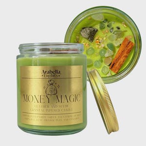 Money Magic Candle Green Aventurine, Clear Quartz | Wealth, Abundance and Prosperity Ritual | 9oz Manifestation Candle | Vegan and Handmade
